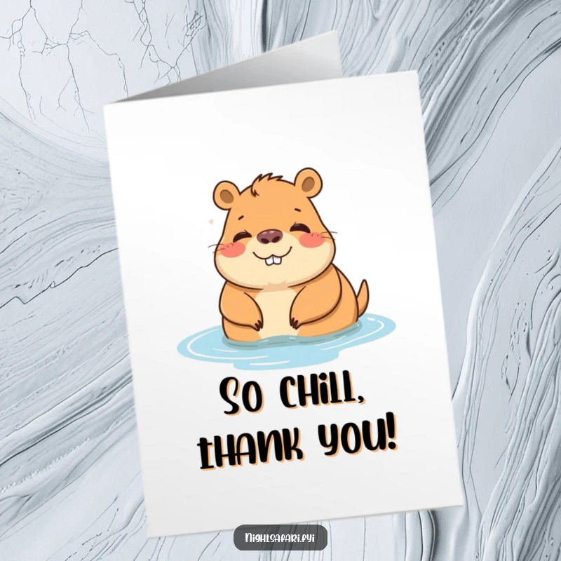 Funny Free Printable Thank You Card: Cheerful capybara character relaxing peacefully by the water, conveying sincere thanks.