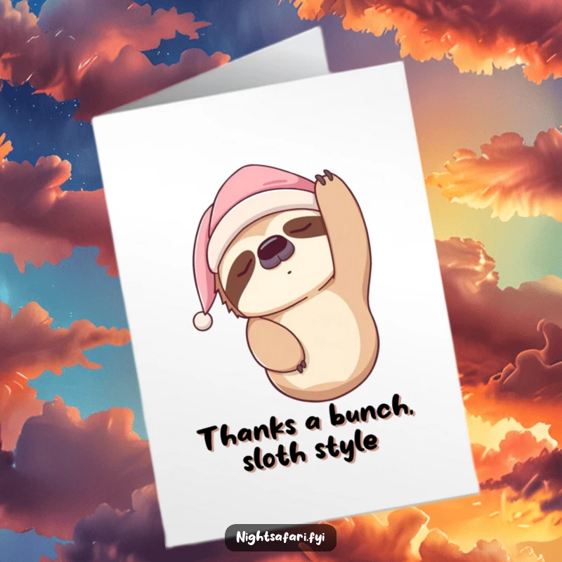 Funny Free Printable Thank You Card: A sleepy sloth in a nightcap hangs upside down, offering a relaxed thank you.