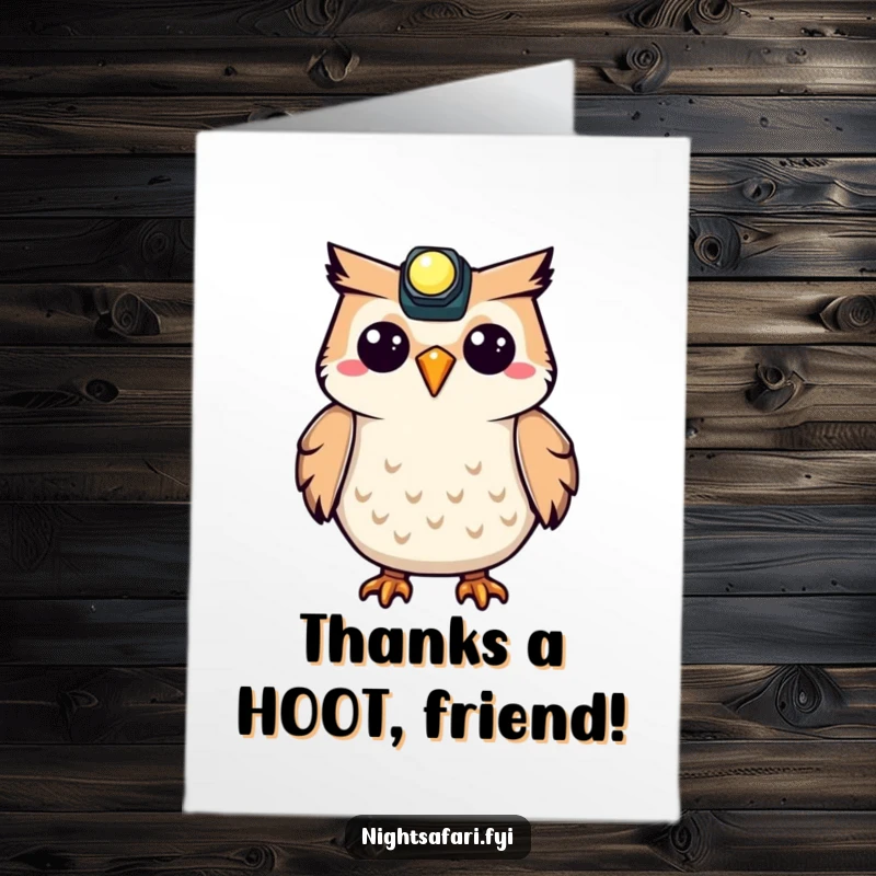 Funny Free Printable Thank You Card: A delighted owl wearing a headlamp hoots with thanks, spreading warm appreciation.