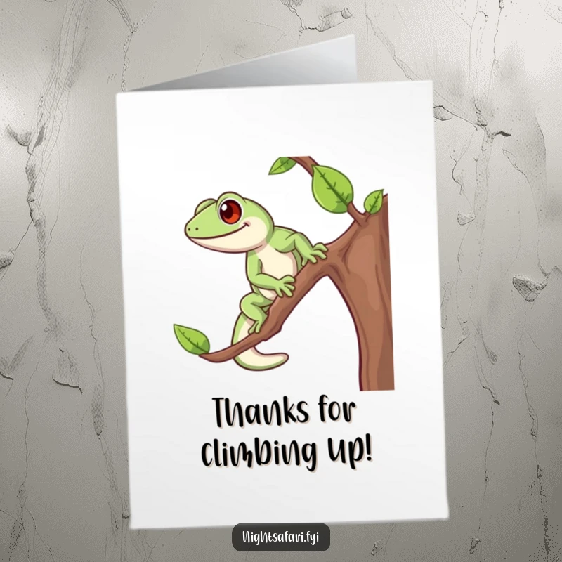 Funny Free Printable Gecko Thank You Card: Cheerful gecko climbing to express thanks, a delightful downloadable gift.