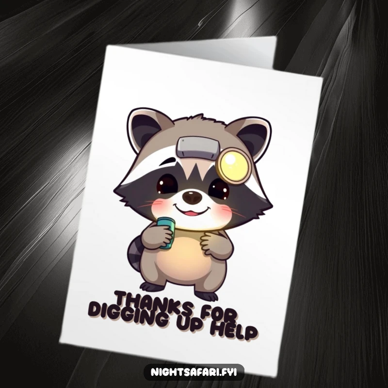 Funny Free Printable Thank You Card: A cheerful raccoon wearing a headlamp, rummaging to give thanks, a unique and humorous gesture.