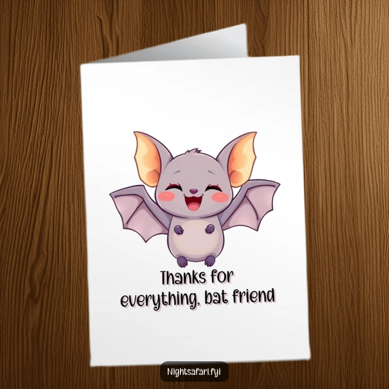 Funny Free Printable Thank You Card: A delighted bat with glowing wings fluttering, expressing thanks, ideal for print at home.
