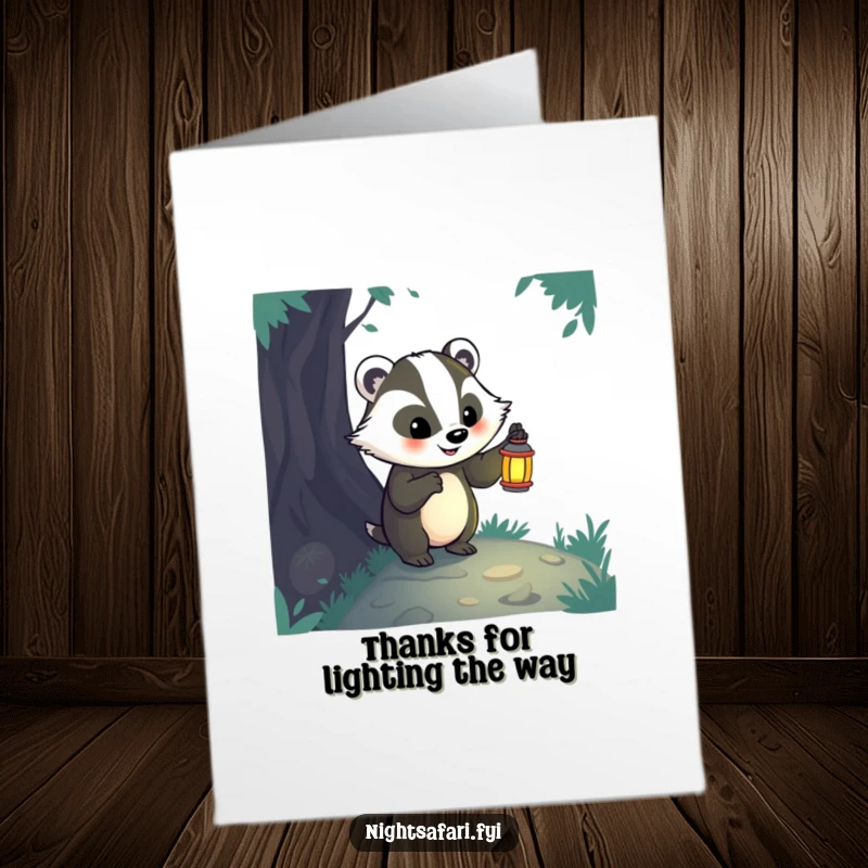 Funny Free Printable Badger Thank You Card: A happy badger with a lantern exploring a dark path, sharing downloadable thanks.