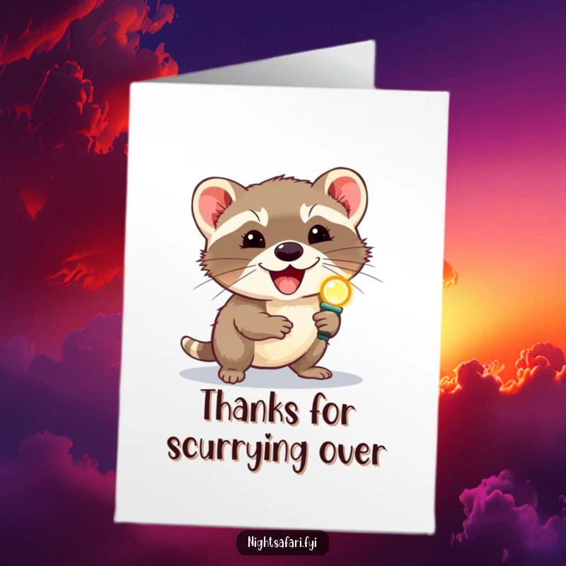 Funny Free Printable Thank You Card: A delighted civet wearing a headlamp, scurrying to express thanks, a uniquely humorous message.