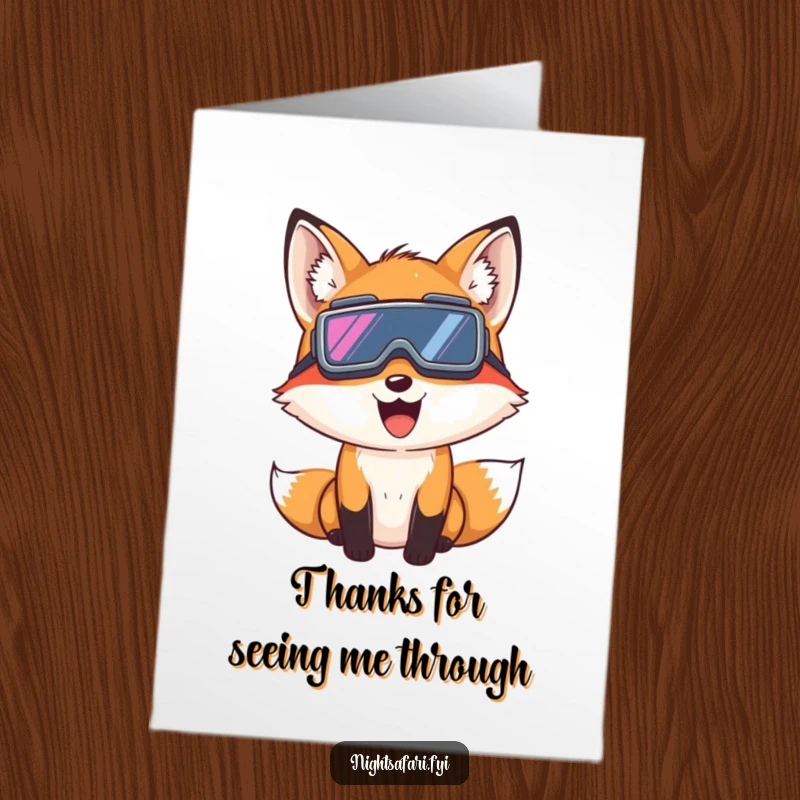 Funny Free Printable Thank You Card: A giggling fox wearing night vision goggles, peeking to say thanks.