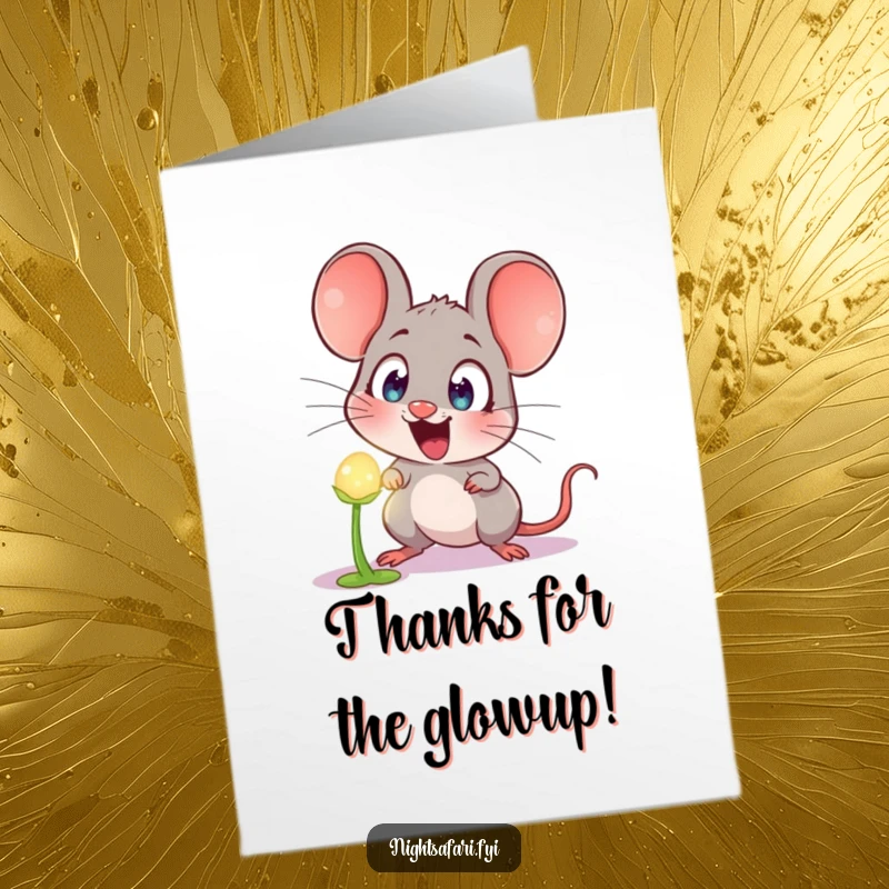Funny Free Printable Thank You Card: Amazed mouse holding a glowing plant, expressing gratitude with delight.