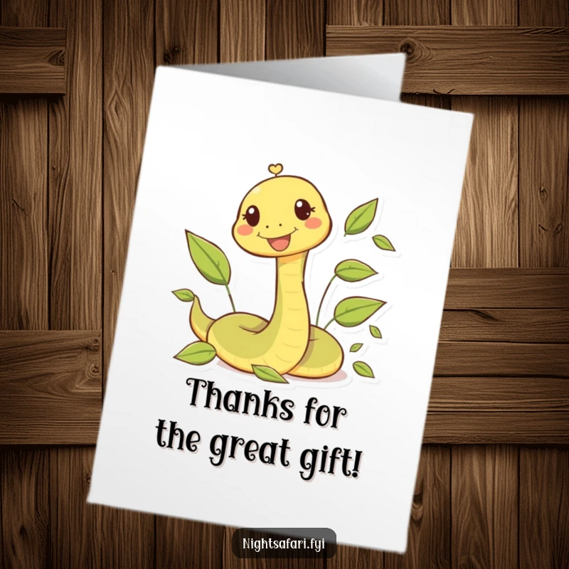 Funny Free Printable Thank You Card: A happy snake character playfully weaves through a bed of leaves.
