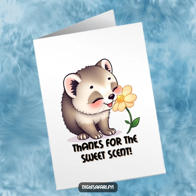 Funny Free Printable Thank You Card: A happy civet cat lovingly sniffs a luminous flower, conveying heartfelt thanks.