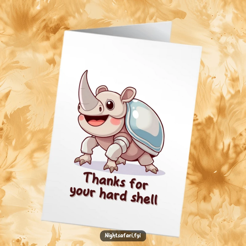 Funny Free Printable Thank You Card: A joyful rhinoceros beetle with shiny armor, crawling upwards to say thanks.
