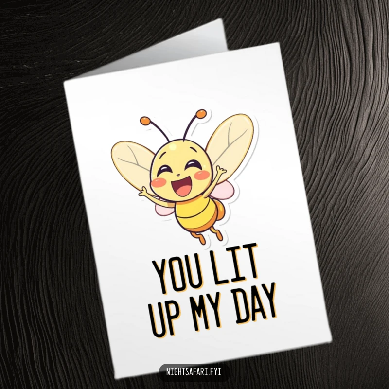 Funny Free Printable Thank You Card: Excited firefly character glowing brightly to express thanks. Cute downloadable art.