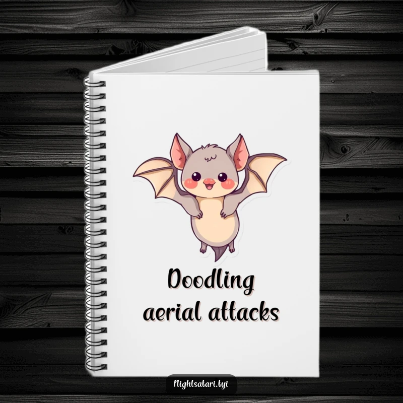 Funny notebook featuring a curious bat with tiny wings doing a playful loop, ready for notes.