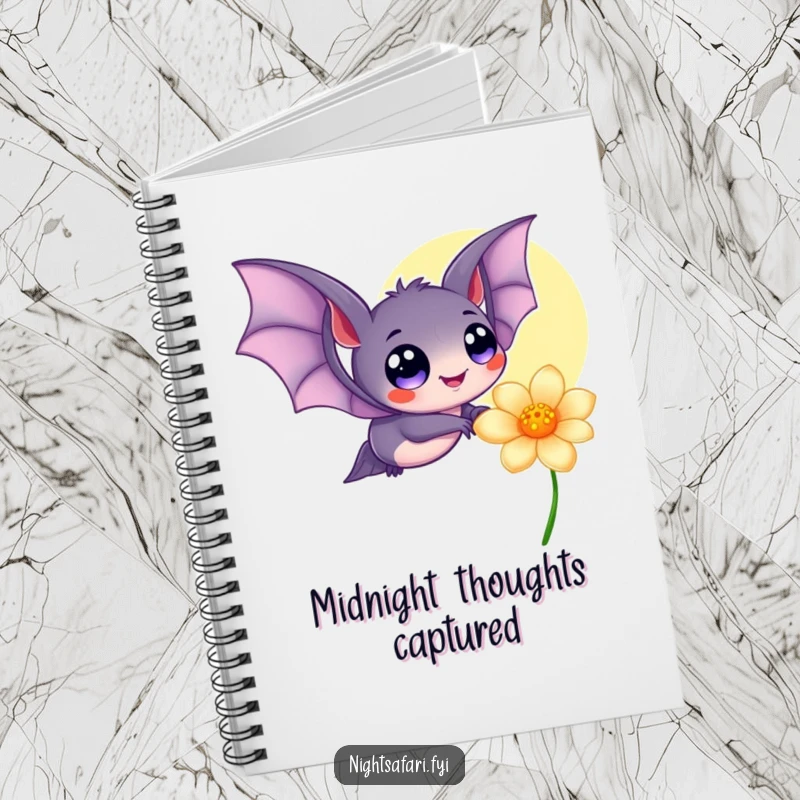 Funny notebook featuring a cute bat with big, happy eyes, fluttering near a softly glowing flower, perfect for capturing magical thoughts.