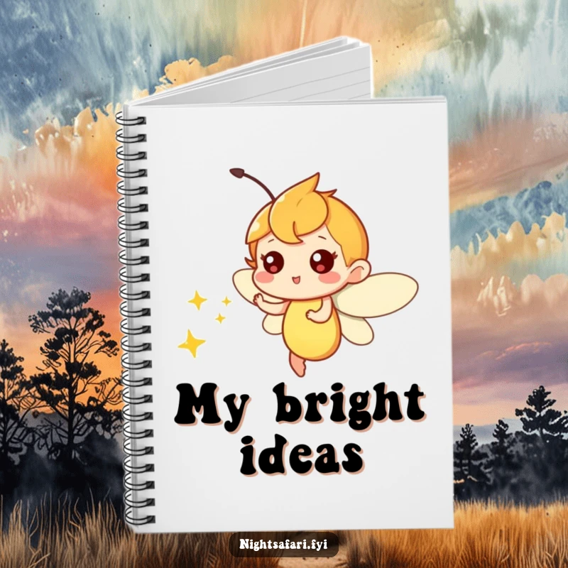 Funny notebook with a playful firefly character emitting soft light, perfect for jotting down bright ideas.