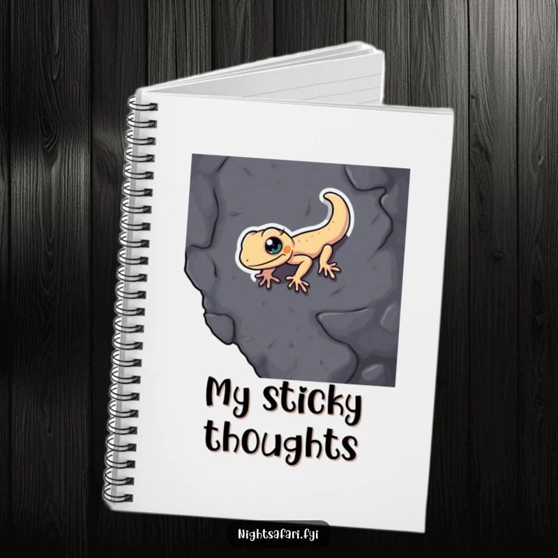 Funny Gecko Notebook: A determined gecko humorously scales a textured surface, ideal for capturing ideas.