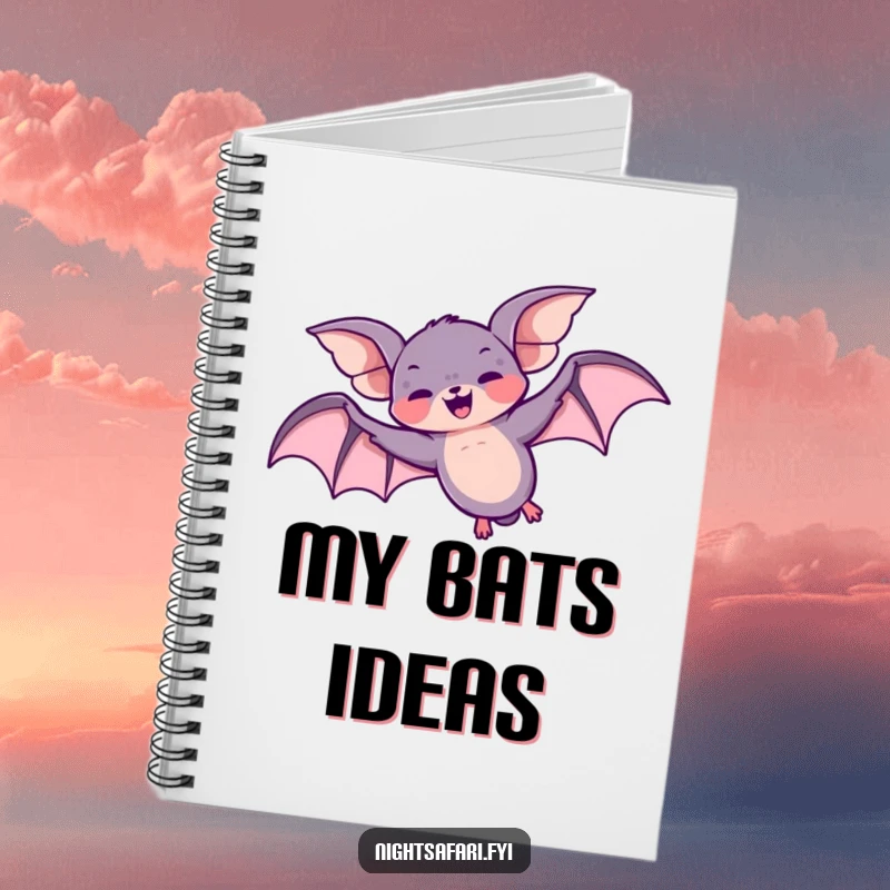 Funny notebook with a giggling bat character doing a loop-the-loop overhead, great for jotting down notes.