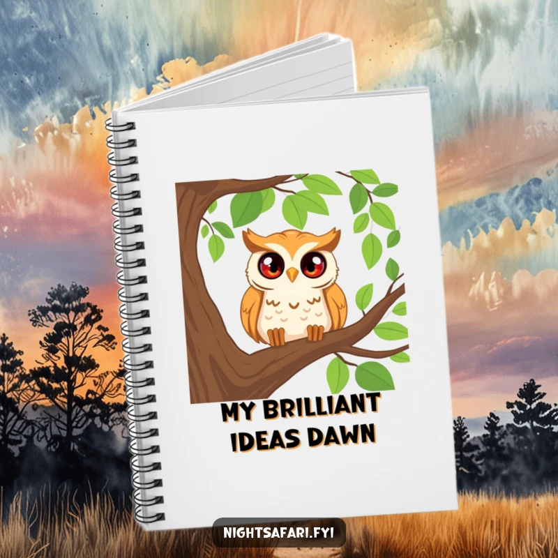 Funny notebook featuring a happy owl with wide, curious eyes peering from a tree, great for journaling and note-taking.