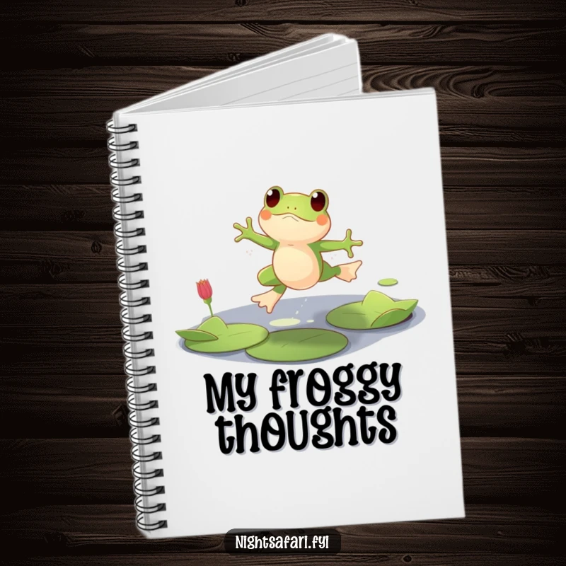 Funny notebook with a playful frog character leaping over lily pads in dim light, ideal for journaling.