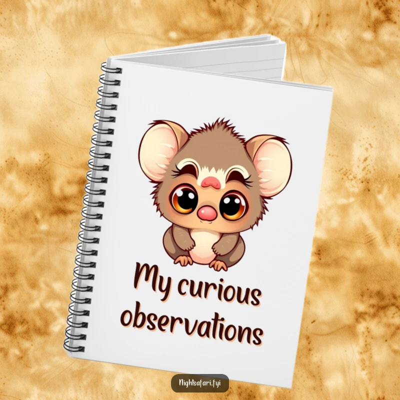 Funny notebook showcasing a playful tarsier character with large, curious eyes, perfect for jotting down ideas.