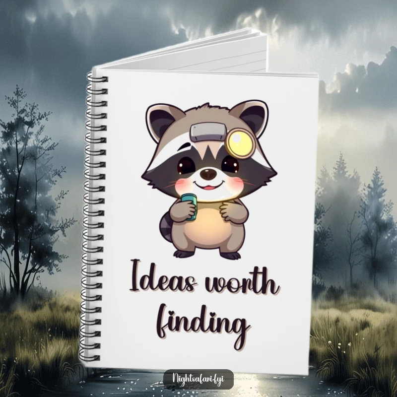 Funny cheerful raccoon wearing a headlamp rummaging, inside a humorous notebook for jotting down creative thoughts.