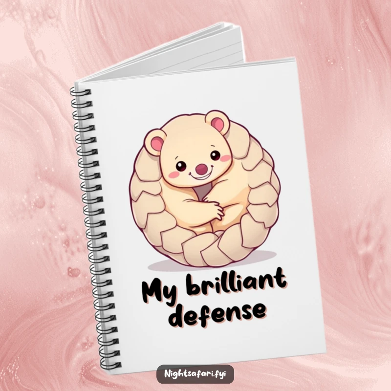 Funny Pangolin Notebook featuring a smiling pangolin curled into a playful ball, ideal for jotting down cute and funny notes.