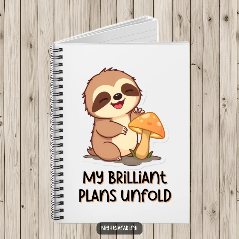 Funny sloth notebook featuring a delighted sloth character slowly reaching for a glowing mushroom, ideal for notes.