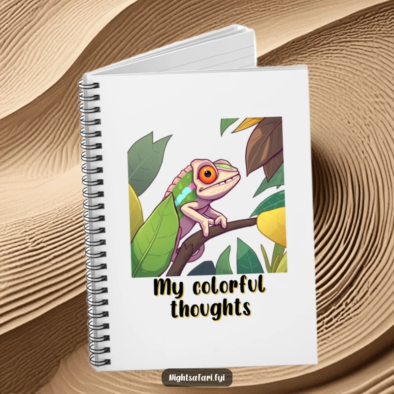 Funny notebook cover with a determined chameleon blending seamlessly into a vibrant jungle leaf, ideal for capturing thoughts with a hint of disguise.