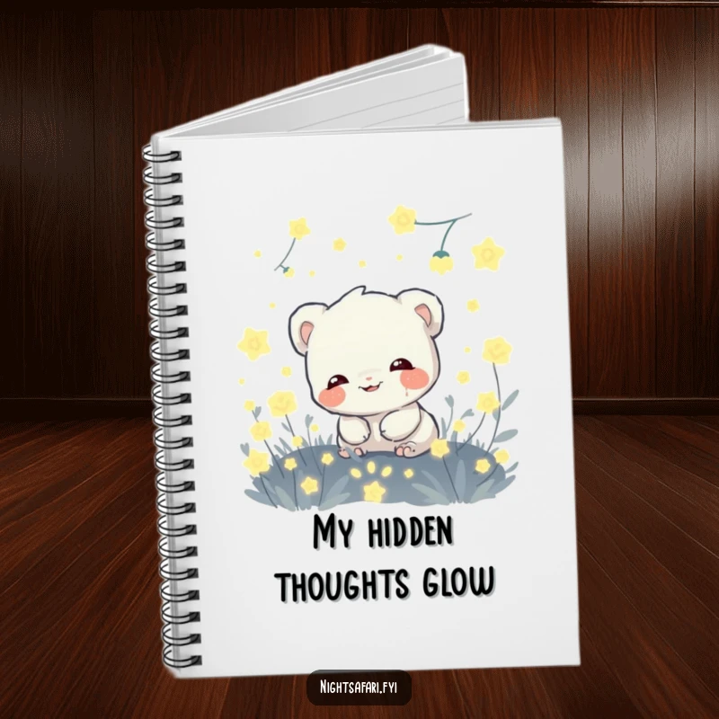 Funny notebook with a giggling shy creature hiding amongst glowing fireflies, great for journaling and creative expression.