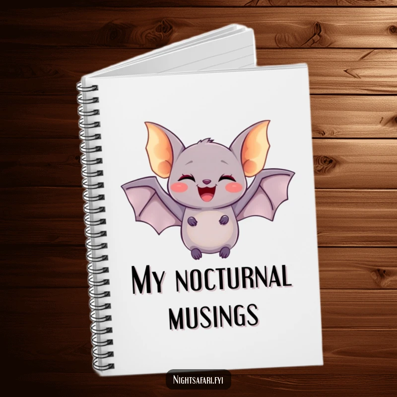 Funny notebook with a delighted bat having tiny glowing wings, doing a joyful flutter, great for journaling and creativity.