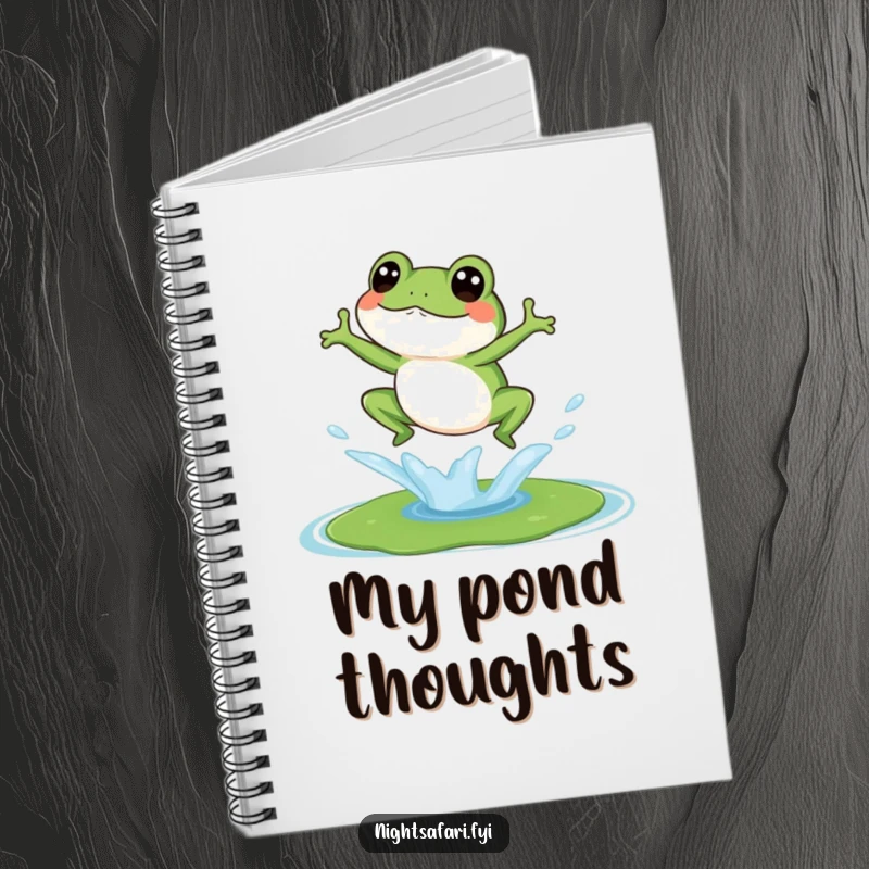 Funny notebook cover with a giggling frog jumping onto a lily pad, designed for jotting notes with a smile.
