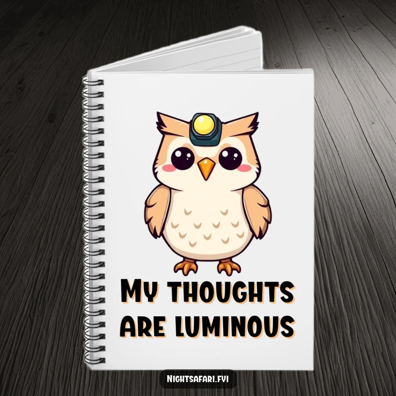 Funny Owl Headlamp Notebook with a happy owl character, perfect for jotting down notes and ideas with a touch of humor.