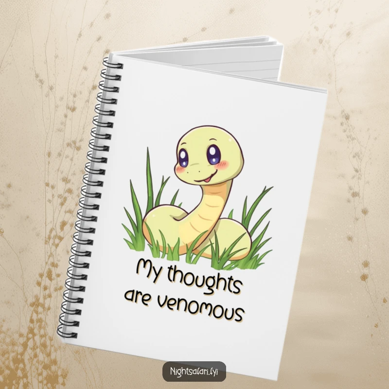 Funny notebook adorned with a smiling snake, its glowing eyes offering a hint of playful mischief.