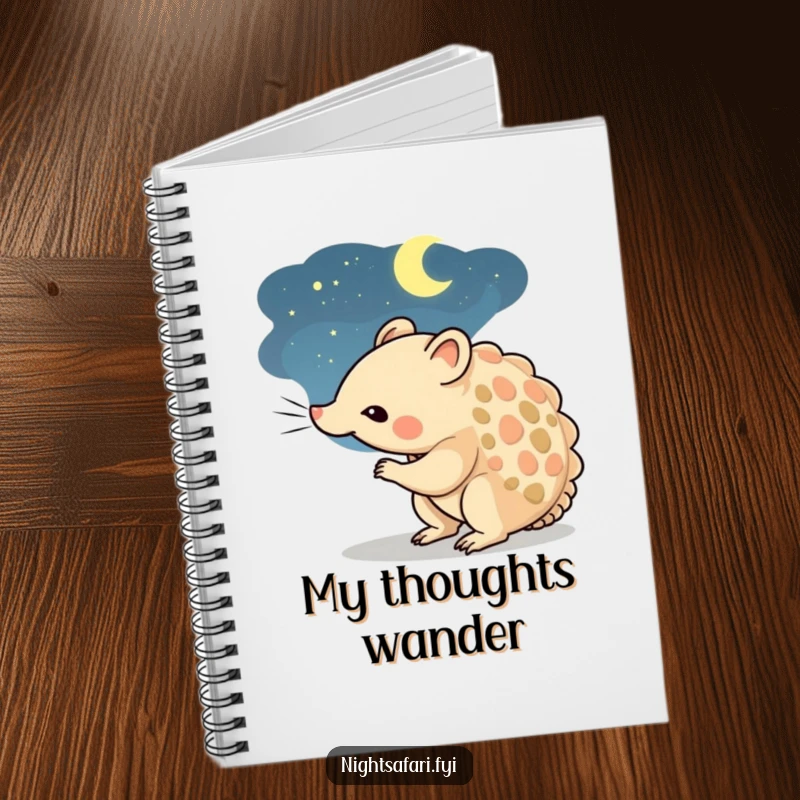 Funny notebook with a curious pangolin character sniffing the night air, inspiring inquisitive notes.