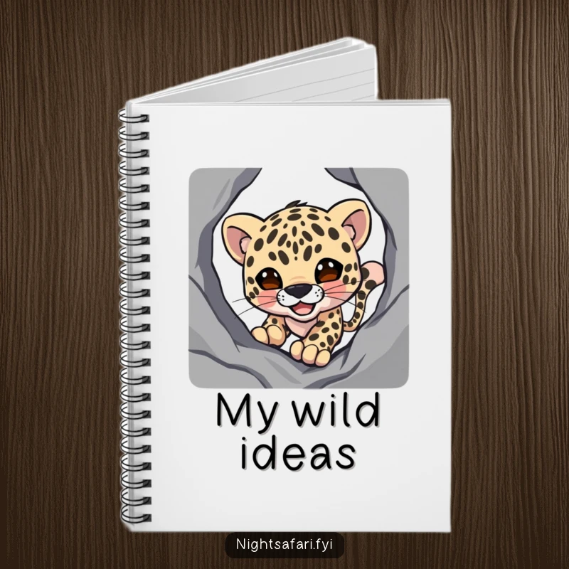 Funny notebook featuring a smiling leopard character on a stealthy stalk through shadows, perfect for journaling.