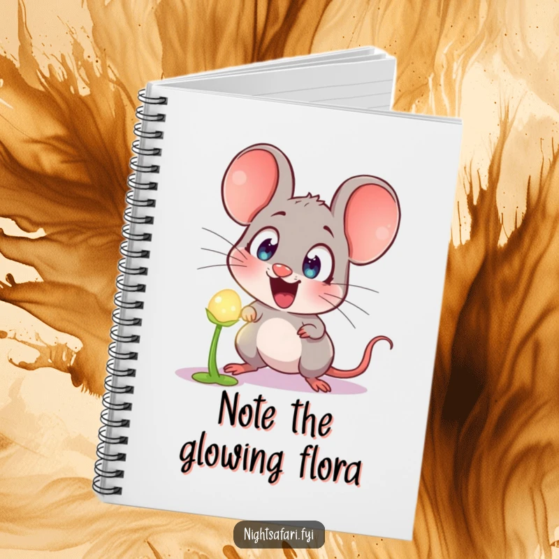 Funny Notebook: Astonished mouse with huge eyes peeking at a radiant, glowing plant, perfect for humorous note-taking.