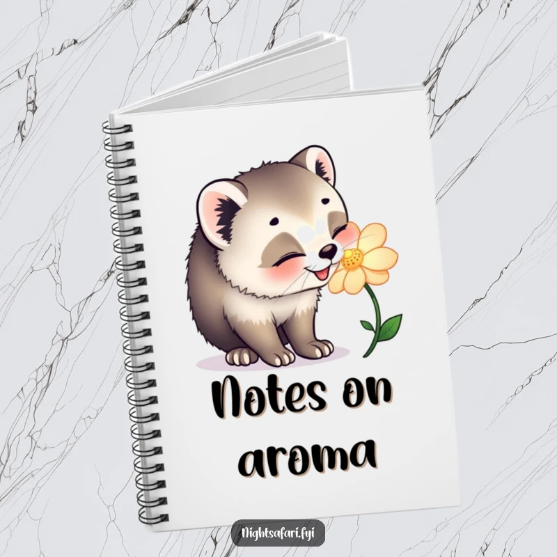 Funny notebook with a happy civet cat joyfully sniffing a glowing flower, perfect for nature notes and ideas.
