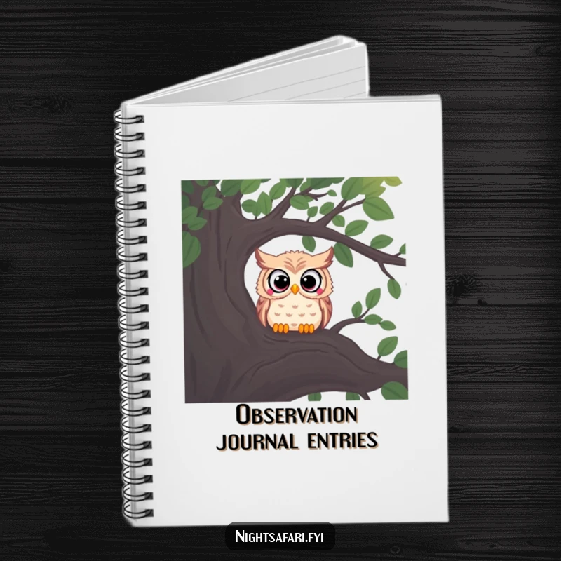 Funny notebook with a curious owl, wide eyes peering from a shadowy tree branch, for writing.