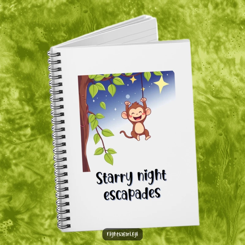 Funny notebook with a playful monkey swinging from a vine under a starry sky, for writing.