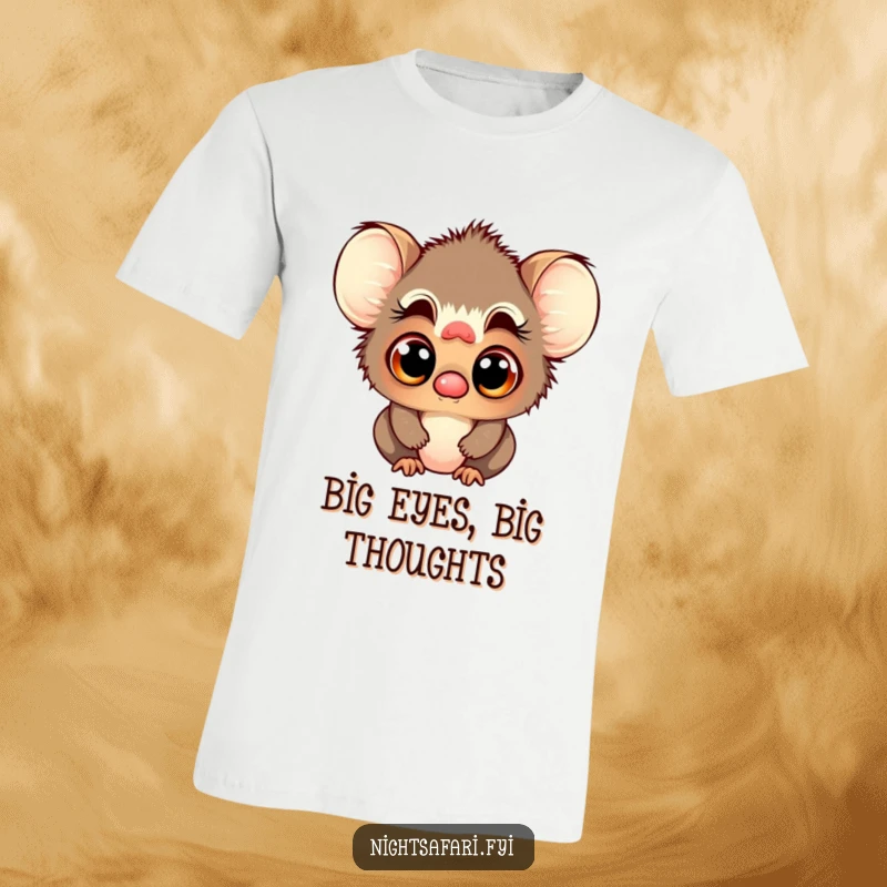Funny t-shirt depicting a playful tarsier character with captivatingly large, curious eyes, full of wonder.