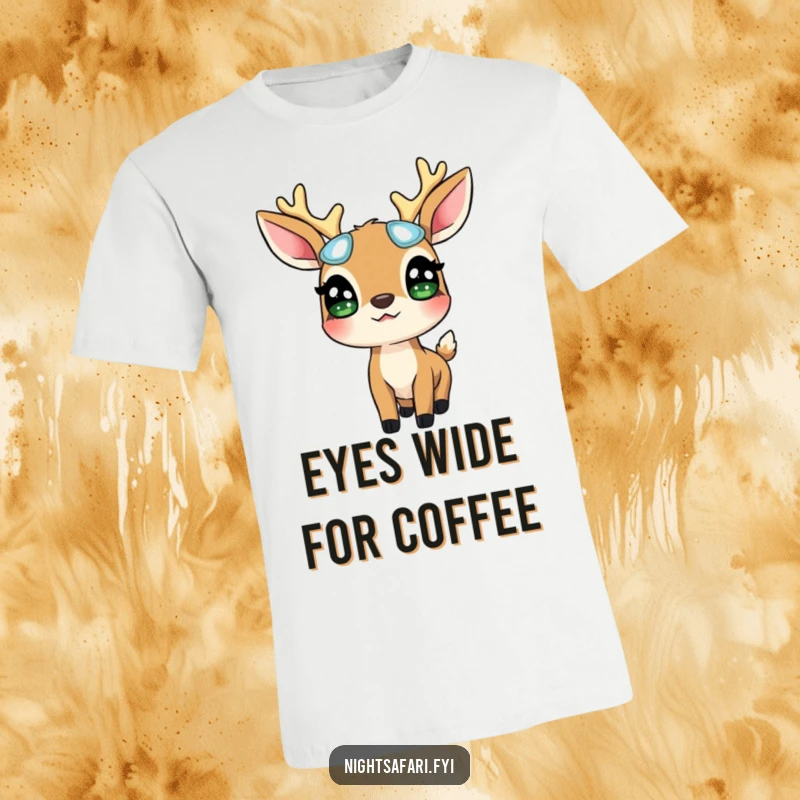 Funny Deer Glowing Eyes T-Shirt: A surprised deer wearing glowing eyes looks up, embodying woodland magic, a great funny gift.