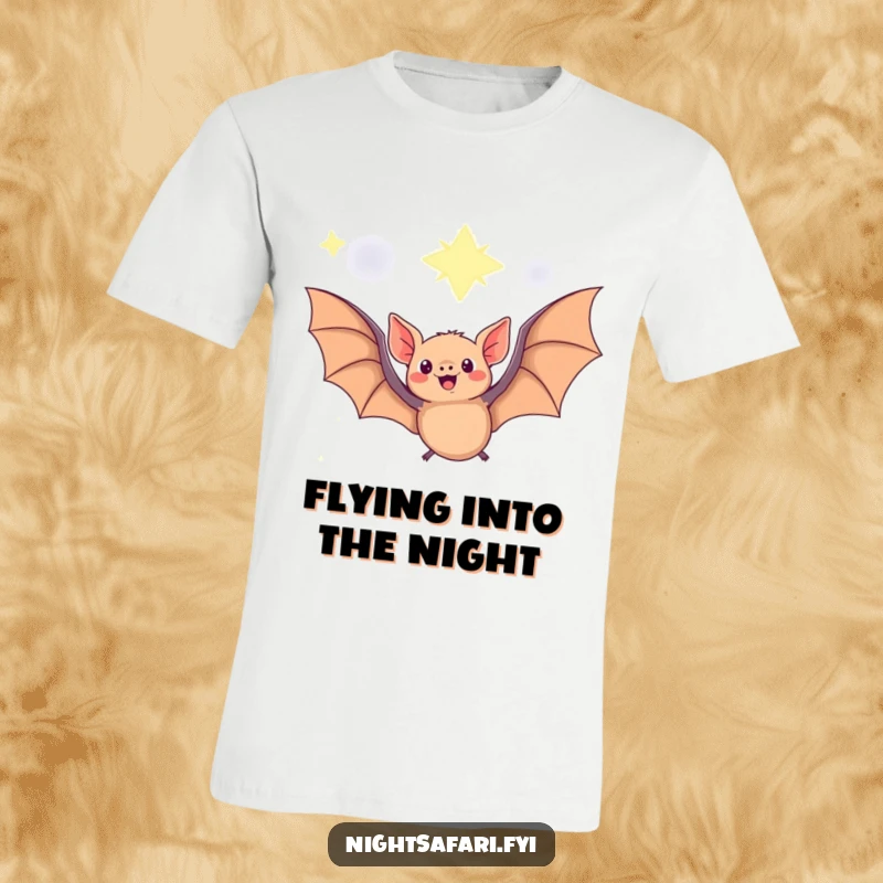 Funny Fruit Bat T-Shirt showing a delighted fruit bat gracefully flying under a vast, sparkling starry sky, adding whimsy.