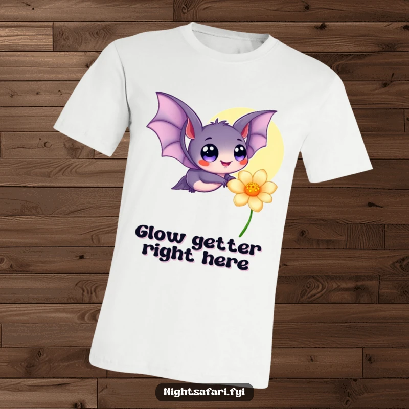 Funny t-shirt with a cute bat having huge, happy eyes, in mid-flight by a luminous, glowing flower, radiating pure delight.