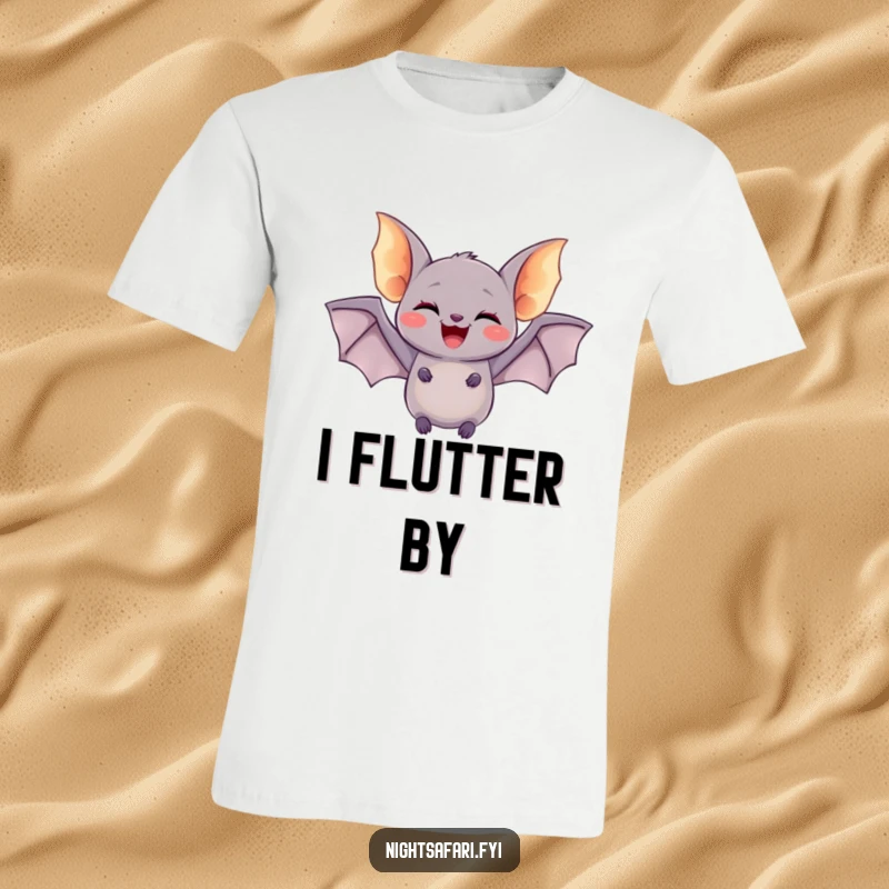 Funny t-shirt with a delighted bat having tiny glowing wings, doing a joyful flutter, perfect for spooky and humorous occasions.