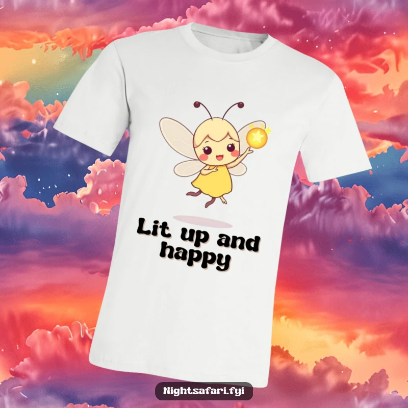 Funny Firefly T-Shirt: Playful firefly character dancing with a glowing orb, emitting light and joy.