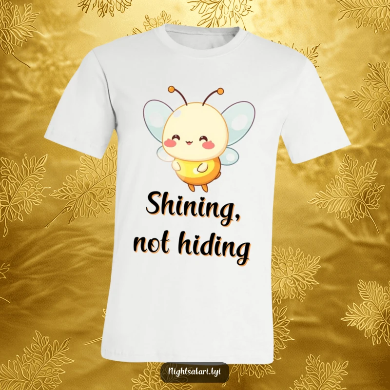 Funny firefly t-shirt showing a cheerful firefly character emitting a soft, warm, magical glow.