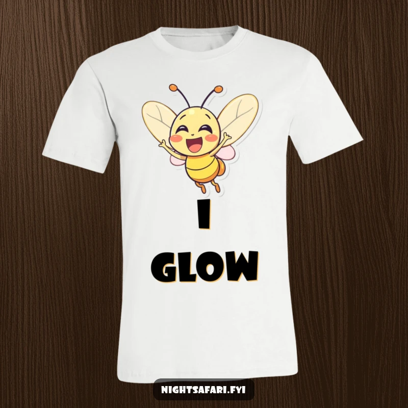 Funny Firefly T-Shirt: An excited firefly character emitting a bright glow of pure joy, designed for maximum cheerfulness.