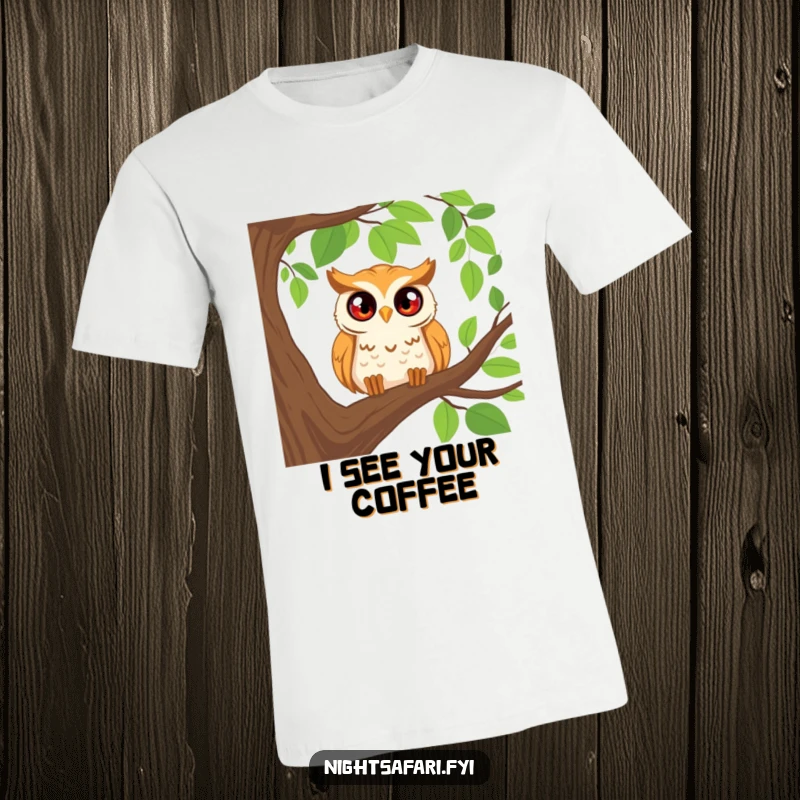 Funny t-shirt with a happy owl peering from a tree branch with large, curious eyes, perfect for bird lovers and humor seekers.