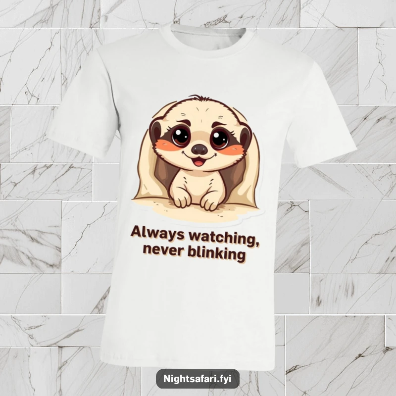 Funny Meerkat T-Shirt showing a cheerful meerkat with huge, surprised eyes peeking out from a burrow, radiating playful curiosity.