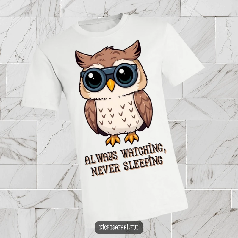 Funny Owl Binoculars T-Shirt: A curious owl with tiny binoculars looking into the dark, perfect for a funny gift.