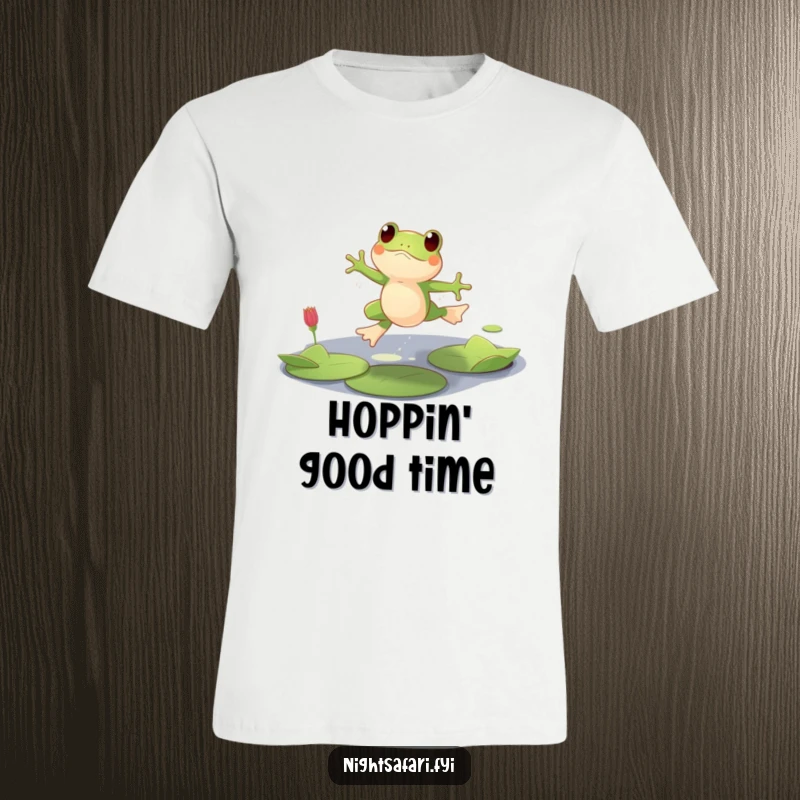 Funny t-shirt showing a playful frog character mid-leap across lily pads in dim lighting, celebrating nature.