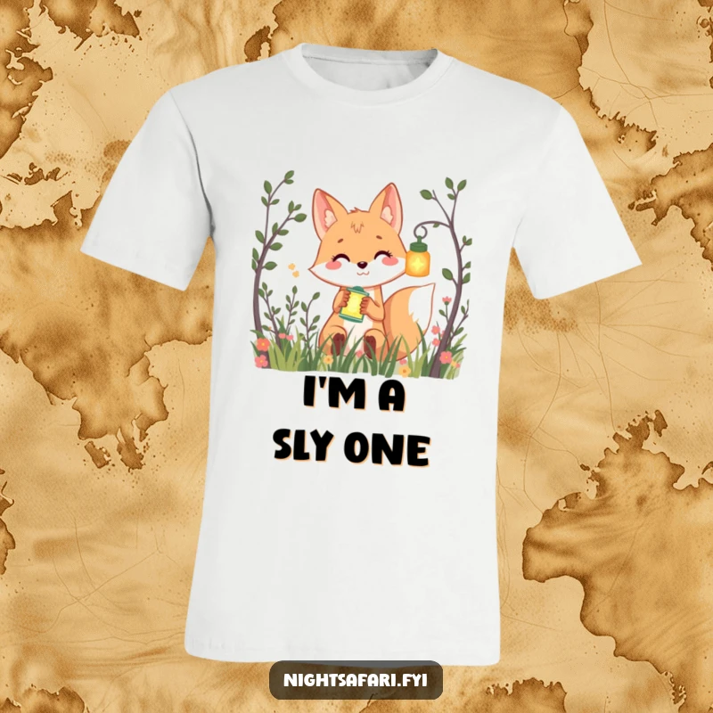 Funny t-shirt featuring a smiling fox playfully peeking from bushes, holding a glowing lantern, ideal for charming humor.